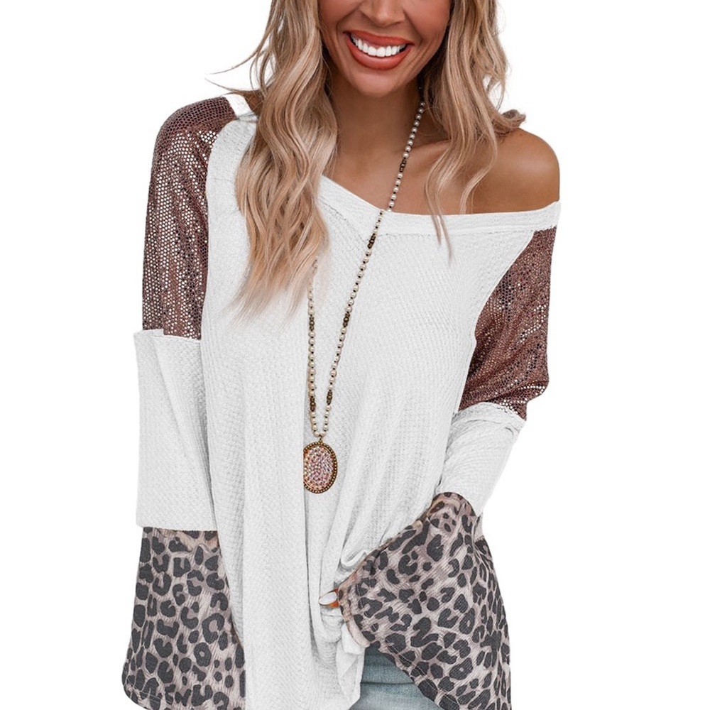 White Sequin Patchwork Bell Sleeve V Neck Tunic Top Bohemian Blouse - Picture 1 of 13